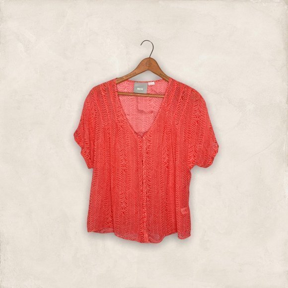 Anthropologie XS Maeve Orange 100%‎ Silk Herringbone Print Tiburon Top Blouse - Picture 2 of 6